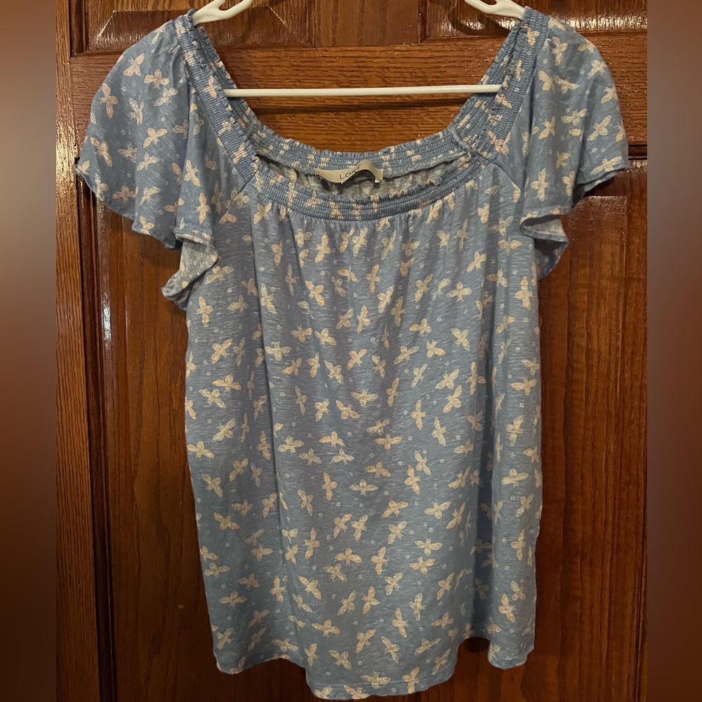 Loft Blue & Orange Linen Bubble Bee Print Top Flutter Sleeves Large
